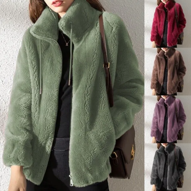 Womens Fleece Fluffy Stand-up Collar Coat Ladies Zip Up Pocket Jacket Tops