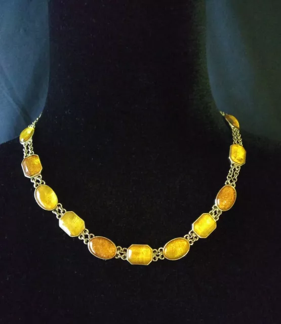 Liz Claiborne Necklace Amber Yellow Bronze Iridescent Jewel Gold 18"Chain Signed