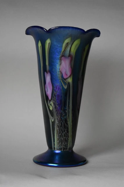 Blue Iridescent Okra Studio Glass Vase