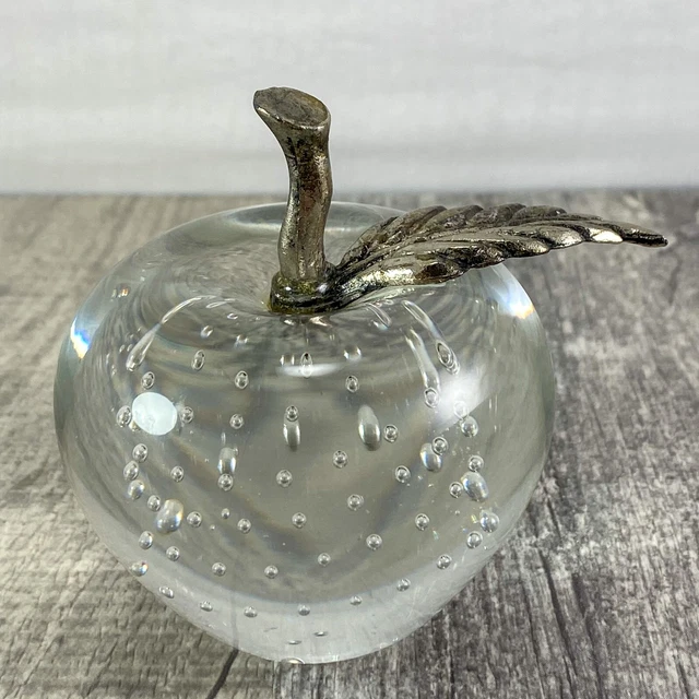 VINTAGE BULLICANTE APPLE Art Bubble Glass Paperweight with Brass Leaf