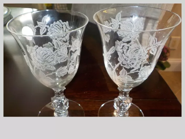 Vintage Heisey Rose Etched Crystal Water /Wine Goblets Set Of 2 Stemware Barware