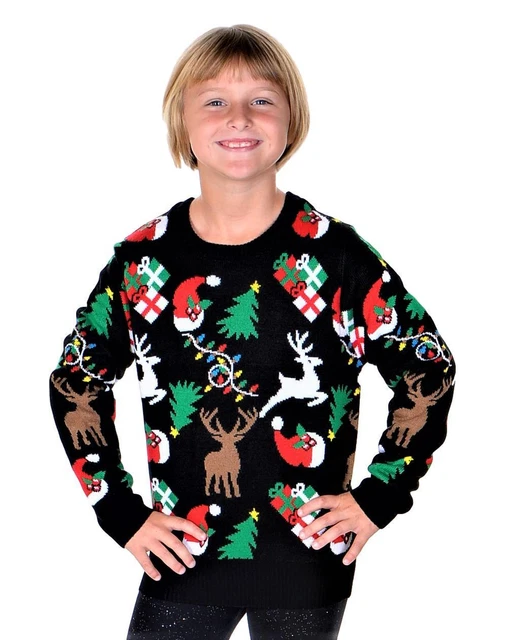 SoCal Look Girls Ugly Christmas Sweater Santa Hat Christmas Tree Pullover Black