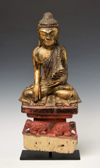 18th Century, Shan, Rare Antique Burmese Wooden Seated Buddha with Elephants