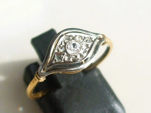 Bague Ancienne OR 18K Bicolore 750/1000° Avec Rose De Diamant - Taille 59 - Occasion Très Bon état