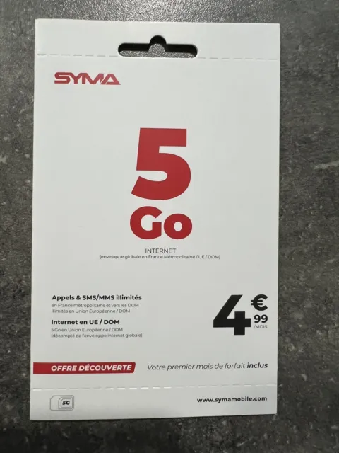 Carte SIM prépayée syma mobile neuve  1 mois d'appel SMS illimité + 5 Giga.