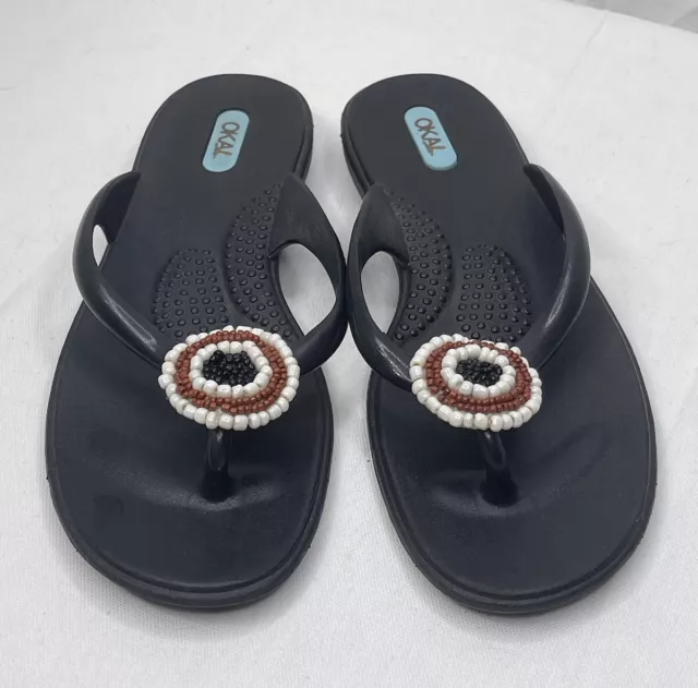 OKA-B Women’s Black Rubber Flip-Flop Beaded Boho Slide Sandals Size SMALL Beach