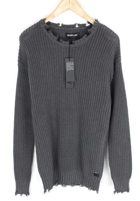 Replay Xx Grande Uomo Maglione Treccia Doppia Grigio Puro Cotone di Fascia Alta
