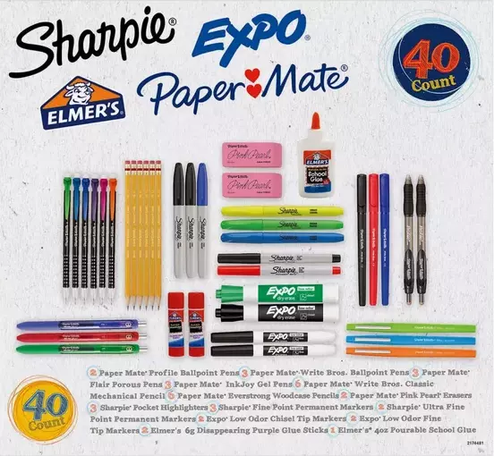 Sharpie Expo Elmer's Paper Mate 40 Count School Office Supply Set Kit NEW SEALED