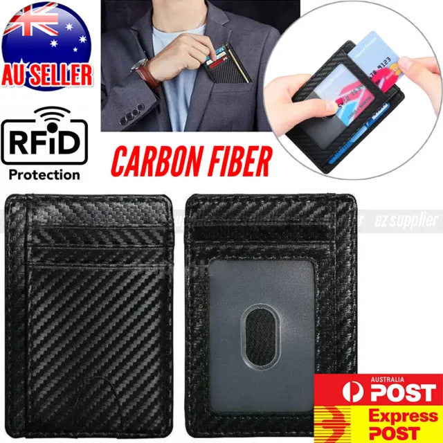 Carbon Fiber Card Holder Wallet Case Pocket Minimalist Leather RFID Block HOT