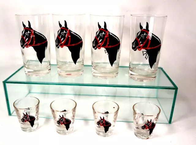 Set of 4 Highball 4 Shot Glasses Vintage MCM Horse Head Derby Hat Crop Fox Hunt