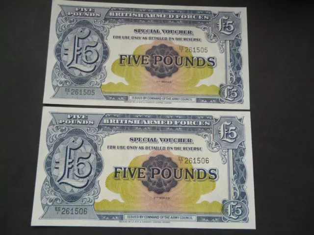 Pair British Military Armed Forces Uncirculated Notes/ Vouchers Series 2 £5 Note