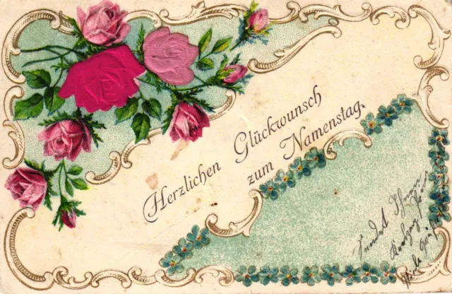 Namenstag, Rosen, Prägekarte, 1906