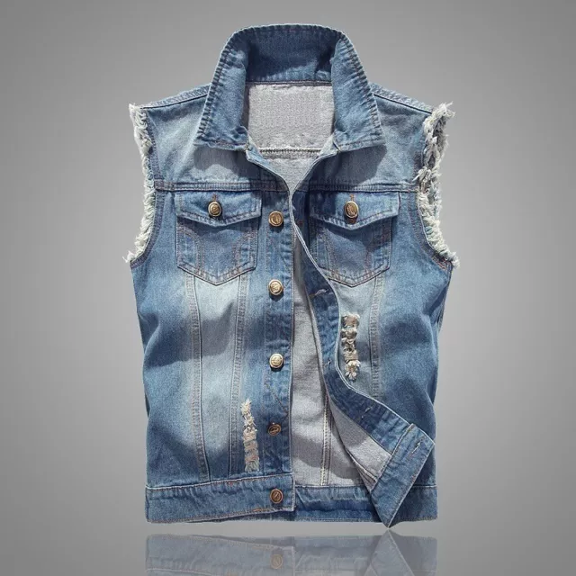 Men's Denim Vest Ripped Jean Coat Causal Jacket Collar Sleeveless Shirt Biker~