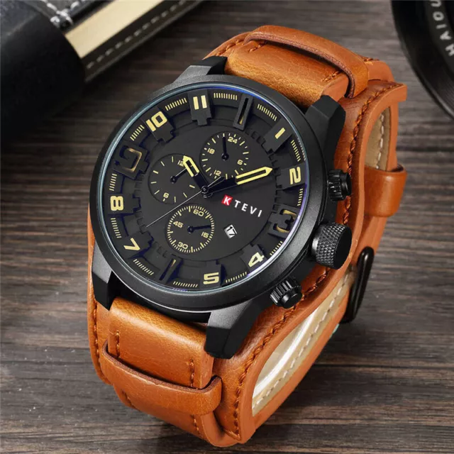 Men Military Quartz Watch Large Dial Casual Leather Strap Mens Wristwatch