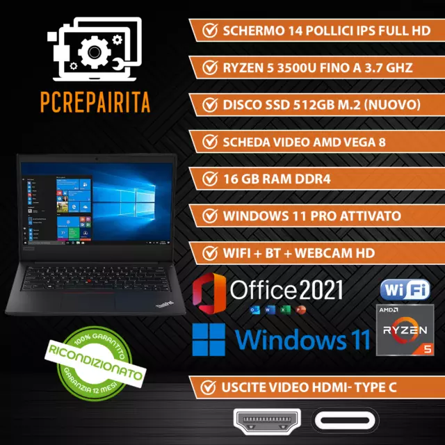 Pc Portatile Computer Ricondizionato Lenovo Ryzen5 16Gb Ram 512Gb Ssd Windows 11