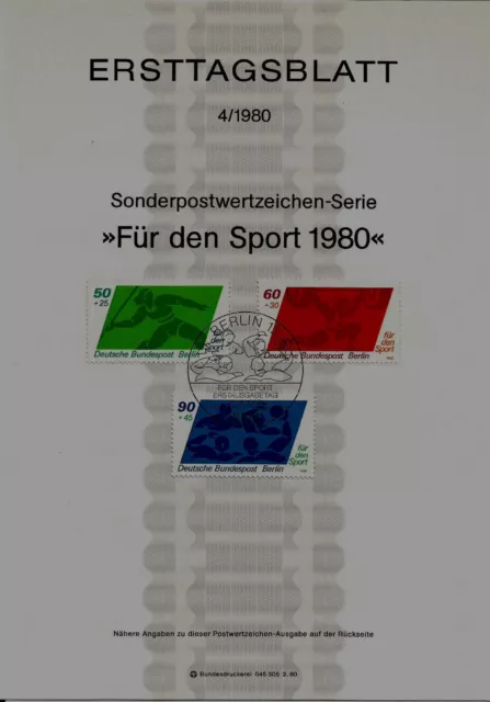 Berlin MiNr 621-623 ETB 4-80 "Sporthilfe 1980" Wasserball-Mannschaftssport u.a.