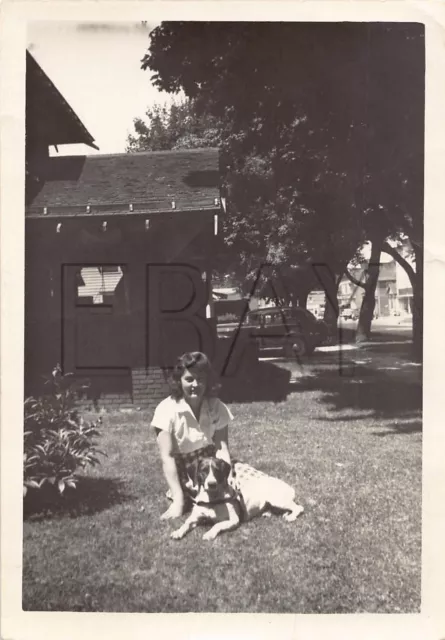 Old Photo Snapshot Woman Pet Dog House Yard Vintage Portrait 6A7