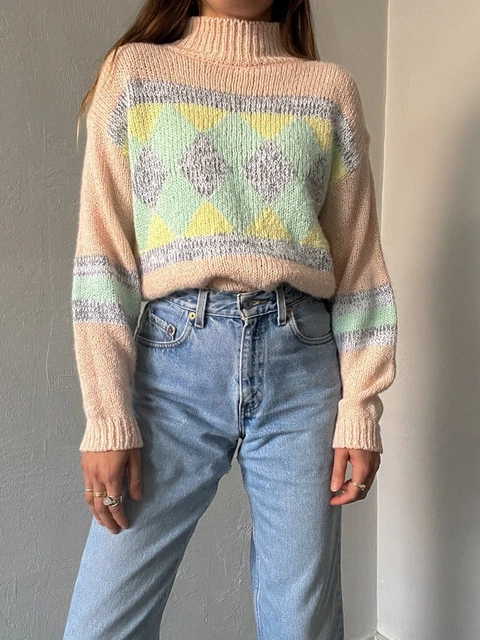 Vintage 1990s Pastel Argyle Acrylic Knit Sweater One Step Up Small