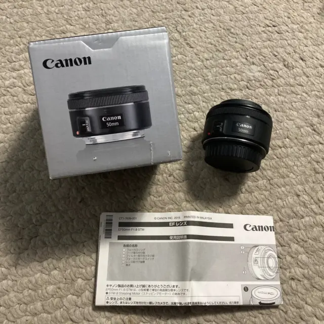 Canon EF 50 mm f/1.8 STM EOS portrait camera lens w/ orig. box 2 caps Near Mint