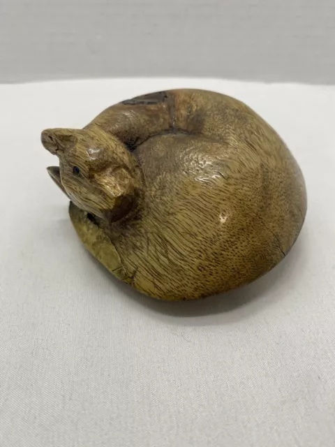 Vintage Hand-Carved Curled Cat/Fox? Solid Wood With Brass Tail