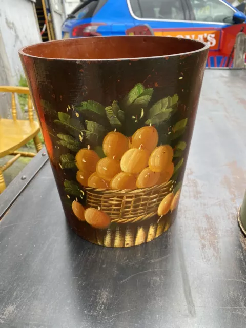 Painted Art Orange Fruit Basket Waste Paper Bin Basket Vintage England