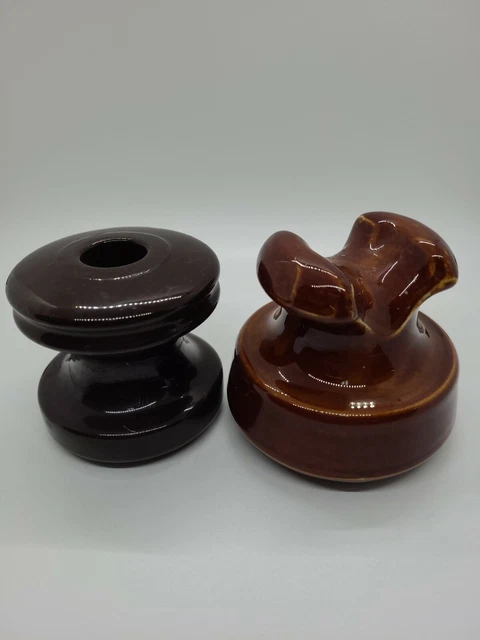 2 Vintage Porcelain/Ceramic 1 PINCO-P Chocolate Brown Insulator 1 Tan Insulator