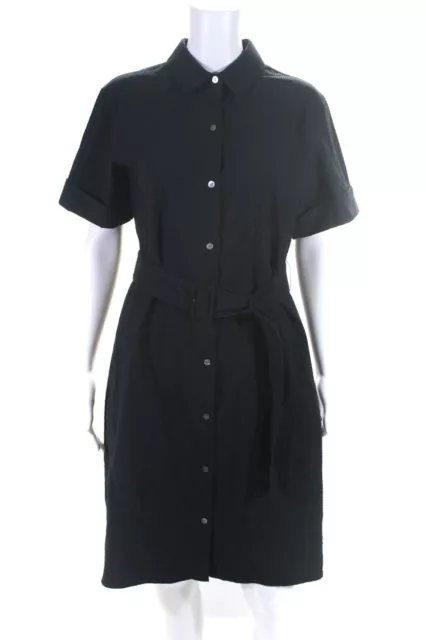 Theory Womens Cotton Seersucker Short Sleeve Button Down Shirt Dress Navy Size M