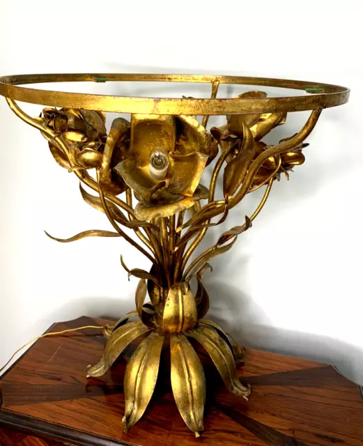 Vintage Gold Gilt Floral Mid Century Modern Lighted Side Table Hollywood Regency