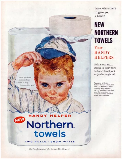 Print Ad Northern Paper Towels 1960 Little Boy Baseball Cap 10.5"x13.5"