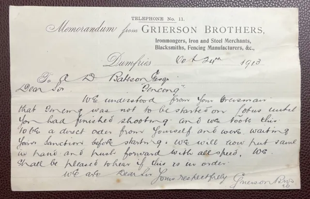 1913 Grierson Brothers, Ironmongers, Dumfries Memorandum