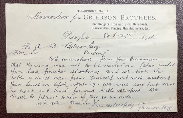 1913 Grierson Brothers, Ironmongers, Dumfries Memorandum