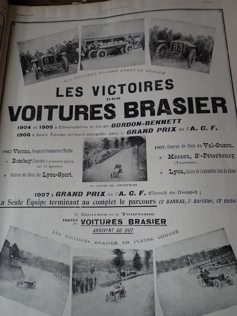 BRASIER victoires GORDON BENNETT auto  publicité papier ILLUSTRATION NOEL 1907