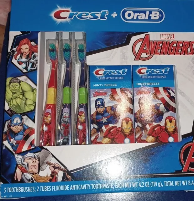 Marvel Avengers juego de cepillado de dientes NUEVO 3 cepillos de dientes orales B y 2 pastas de dientes cresta