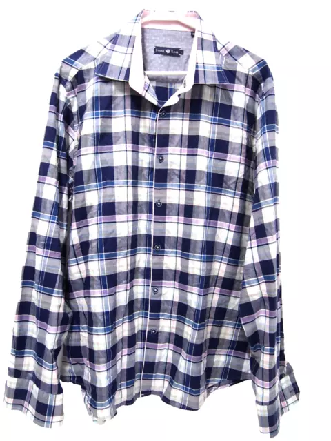 Stone Rose Mens Shirt 5/XL Navy Blue Purple Plaid Long Sleeve Button Flip Cuff