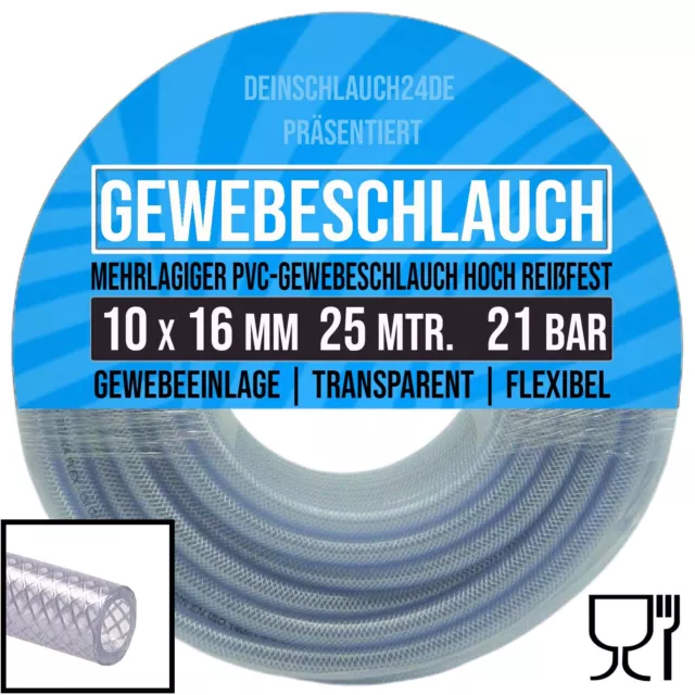 PVC Druck Gewebe Universal Wasser Luft Schlauch klar 10 x 16 mm PN 21 bar - 25 m