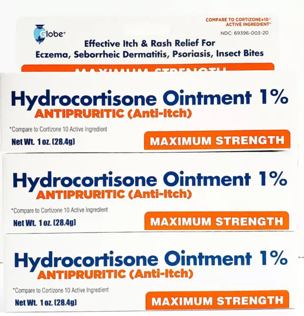 Globe Hydrocortisone Ointment 1% -Anti-Itch 1oz Tube - Exp Date 04-2025 (3 Pack)