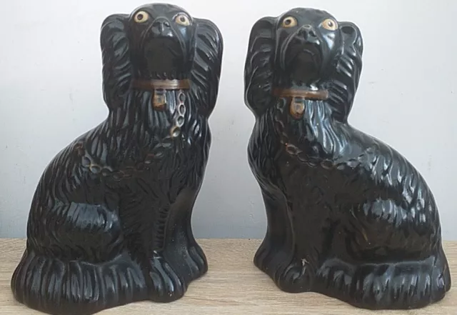 Pair of Antique Staffordshire Black  Spaniel  Mantle Dogs Unusual Open Base