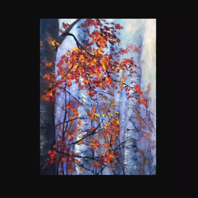 Aceo original Birches Autumn Fall trees  landscape oil painting ATC card
