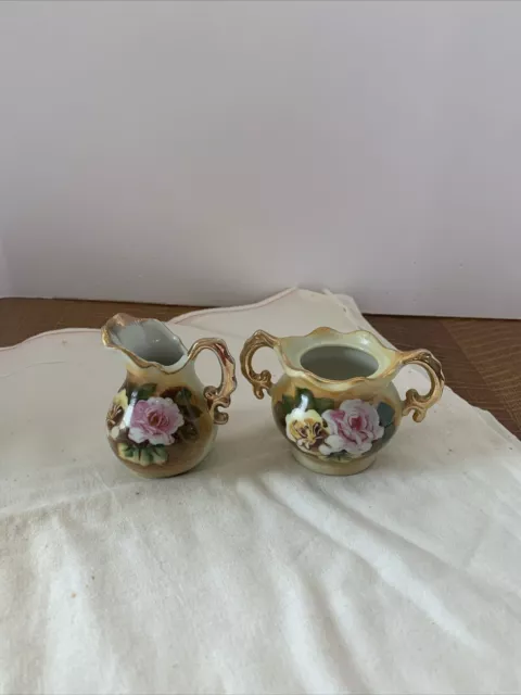 Vtg. Enesco Hand Painted Miniature Creamer (E235) And Sugar(E235?) Bowl- No Lid