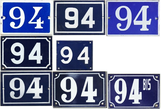 Old blue French house number 94 B door gate plate plaque enamel steel metal sign