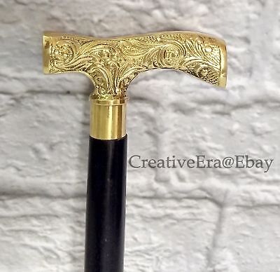 Brass Head Handle Designer Walking Stick Black Wooden Brass Inlaid Cane Gift New