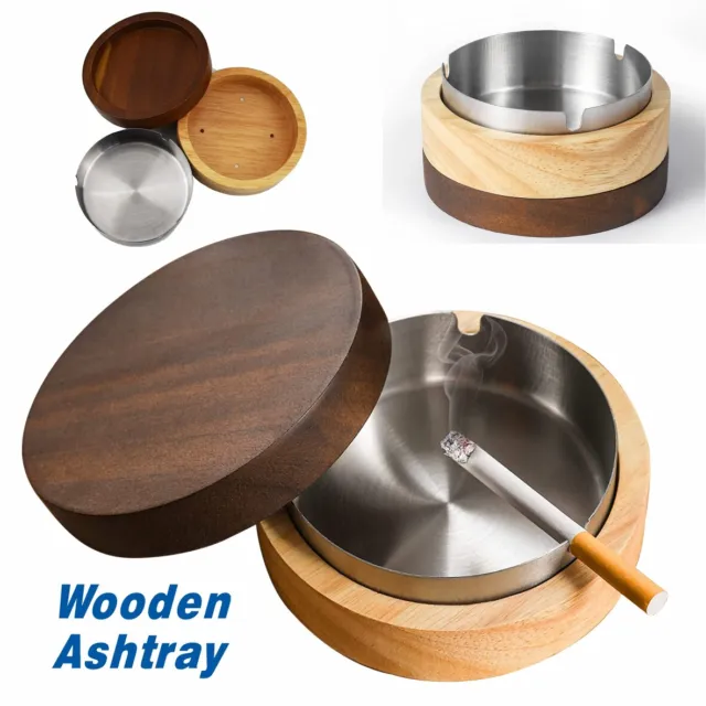 Wooden Ashtray For Smokers Stainless Steel Liner Ash Tray With Cover Windproof