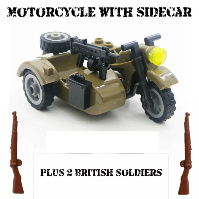 Military Building Blocks British Army Motorcycle Set - WW2 Soldiers + Rifles