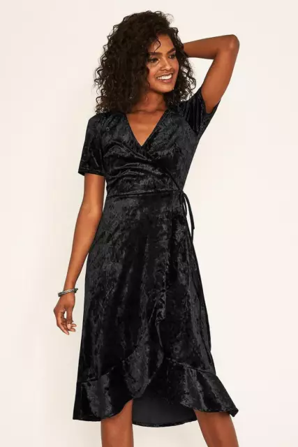 OASIS Black Midi Dress Crushed Velour Wrap Dress Cocktail  V-Neck Short Sleeve