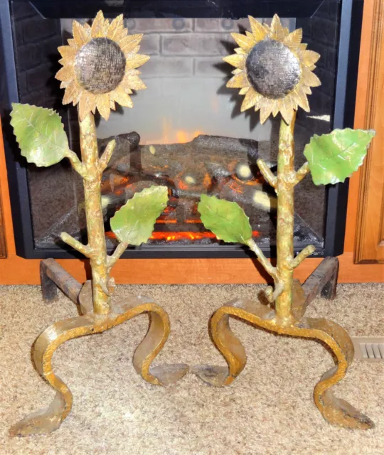 ~RARE~ Large Antique Hand Forged Cast Iron Sunflower Andirons Firedogs 20" tall