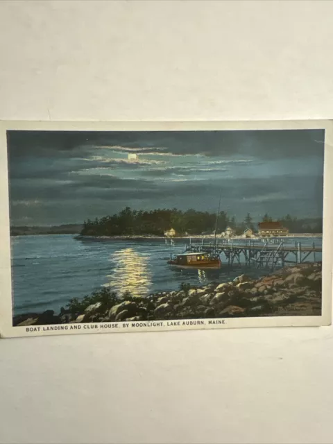 BOAT LANDING AND ClubHouse By Moonlight, lake Auburn, Maine Vtg White ...