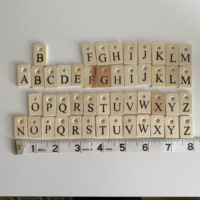Lot 47 Wooden Letter Tile Pendants Craft Beads Alphabet Hole Front to Back