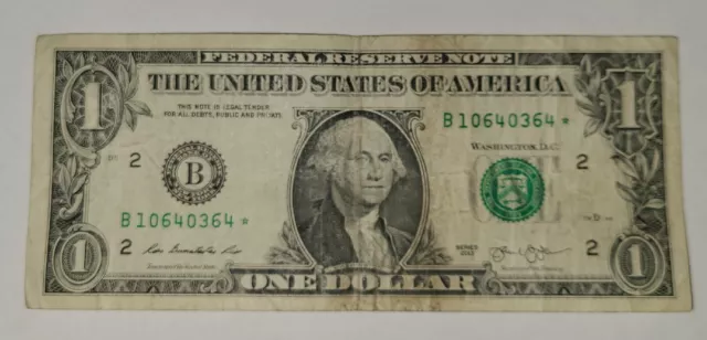 Star Note One Dollar Bill 2013 New York B Block Series B10640364*