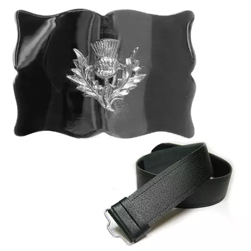 Thistle Scalloped Belt Buckle Chrome Finish with Leather Belt Bundle