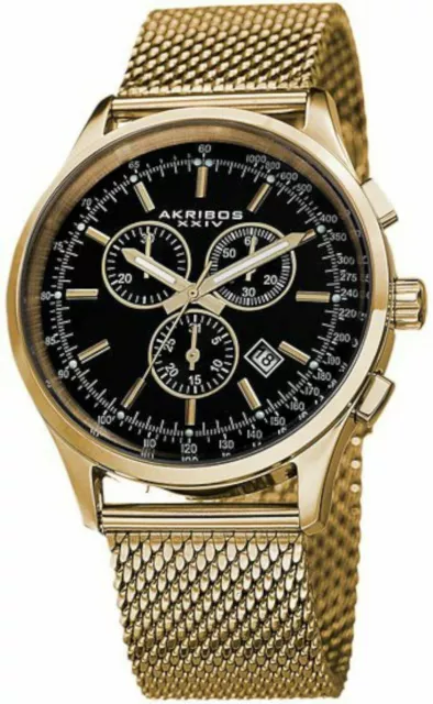 NEW Akribos XXIV AK625YGB Mens Ultimate Swiss Chronograph Black Dial Gold Watch